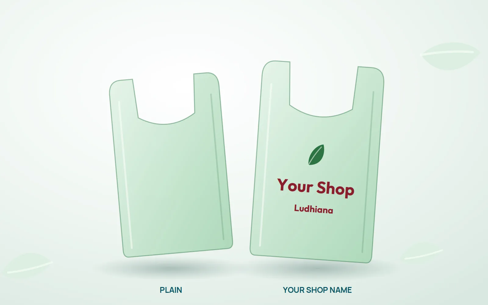 Two compostable carry bags, one plain and one printed with a shop name