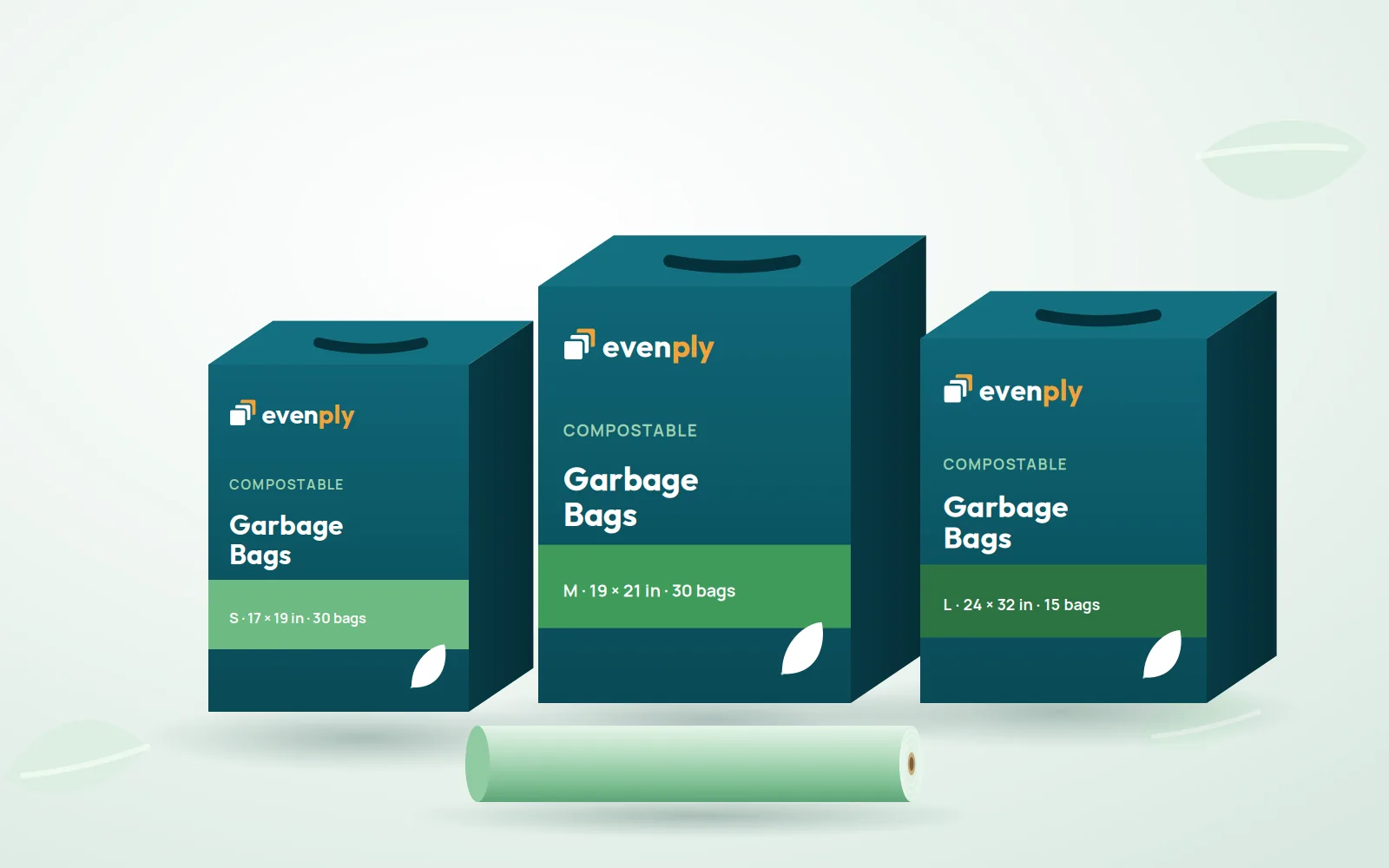 Evenply compostable garbage bag cartons in small, medium and large, with a bag roll