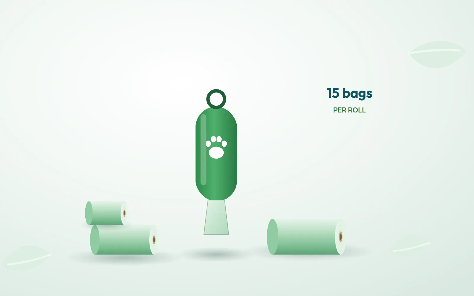 Green pet-waste bag dispenser with a paw print and spare rolls