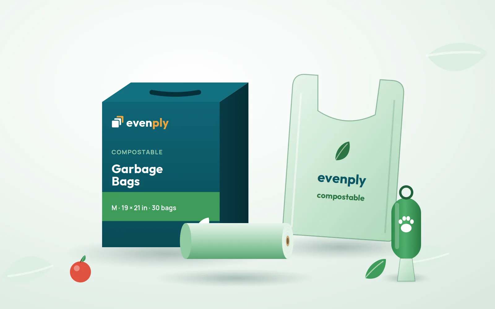 Evenply compostable garbage bags carton, a bag roll, a carry bag and a pet-waste bag dispenser